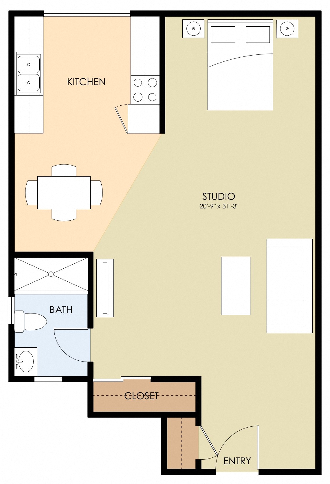 Floor plan for studio, 1 bath, 597 sqft